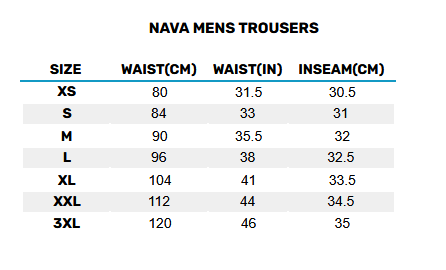2025 NAVA MENS TROUSERS 0 Size Chart